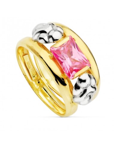 18K SORTIJA ORO BICOLOR DOBLE CUERPO MOTIVO Y CIRCONITA ROSA 8X6MM. ANCHO: 14 MM