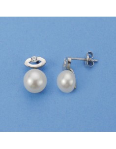 18K PENDIENTES PERLA CIRCONITAS. 12 X 7 MM.