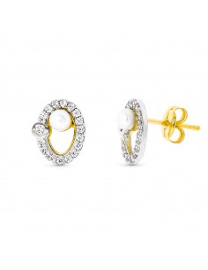 18K PENDIENTES ORO BICOLOR PERLA 3 MM. 9 X 7 MM. CIERRE PRESION