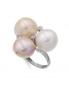 18K SORTIJA ORO BLANCO CON CIRCONITA Y 3 PERLA BARROCAS ANCHO 25X25 MM