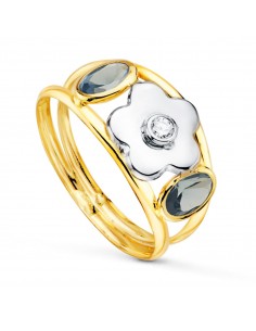 18K SORTIJA ORO BICOLOR FLOR CON CIRCONITA Y CIRCONITA AGUAMARINA OVALES ANCHO: 9 MM