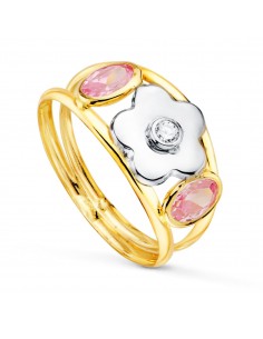 18K SORTIJA ORO BICOLOR FLOR CON CIRCONITA Y CIRCONITA ROSAS OVALES ANCHO: 9 MM