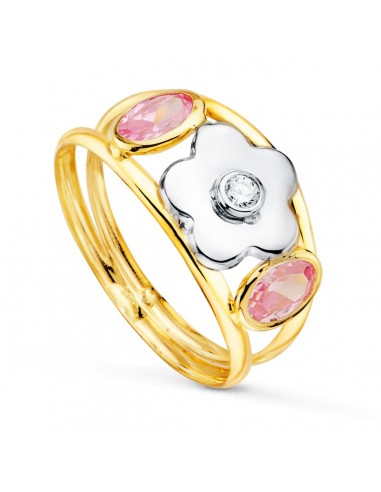 18K SORTIJA ORO BICOLOR FLOR CON CIRCONITA Y CIRCONITA ROSAS OVALES ANCHO: 9 MM