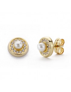 18K PENDIENTES ORO AMARILLO PERLA 3MM. CIRCONITAS PRESION