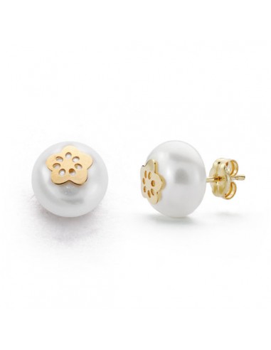 18K PENDIENTES PERLA FLOR. 9 MM. PRESION