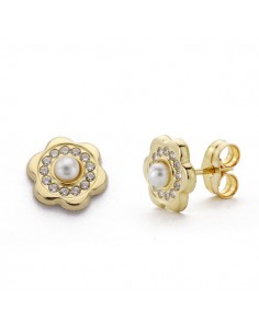 18K PENDIENTES ORO AMARILLO FLOR CIRCONITAS Y PERLA 3MM.