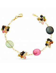 18K PULSERA ORO AMARILLO ESLABONES Y PIEDRAS DE COLORES. 18.5 CM