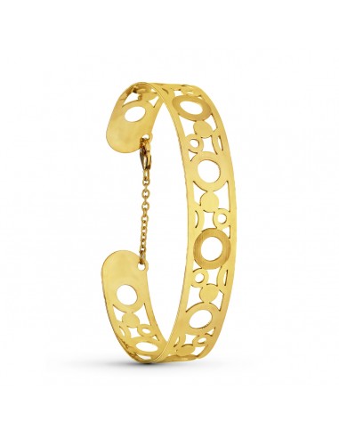18K PULSERA ORO AMARILLO RIGIDA CIRCULOS LASER MEDIDA INTERIOR 65X50 MM ANCHO TOTAL 12 MM CIERRE MOSQUETON CON CADENA