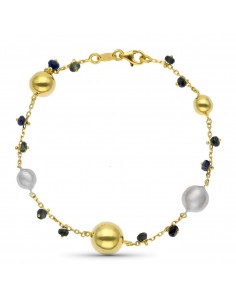 18K PULSERA ORO BICOLOR MATE Y BRILLO BOLAS Y PIEDRAS