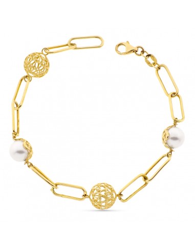 18K PULSERA ORO AMARILLO PERLA Y BOLAS CALADAS ANCHO 9 MM LARGO 19CM