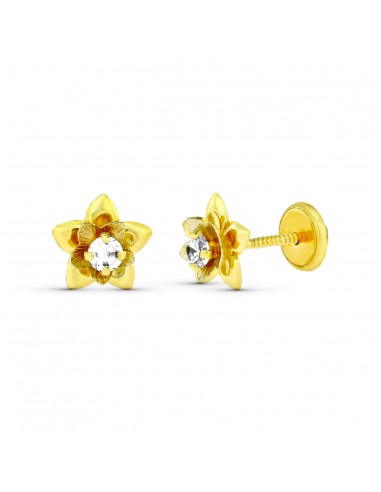 18K PENDIENTES ORO AMARILLO FLOR CON CIRCONITA 7X7 MM. CIERRE TUERCA
