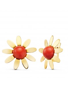 18K PENDIENTES ORO AMARILLO FLOR 9 PETALOS CON CORAL 8MM. ANCHO: 20X20 MM.CIERRE CATALAN