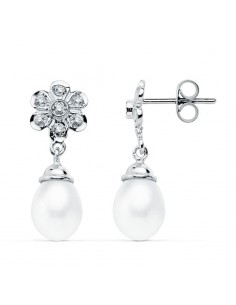 18K PENDIENTES ORO BLANCO PERLA 23X8 MM CIERRE PRESION