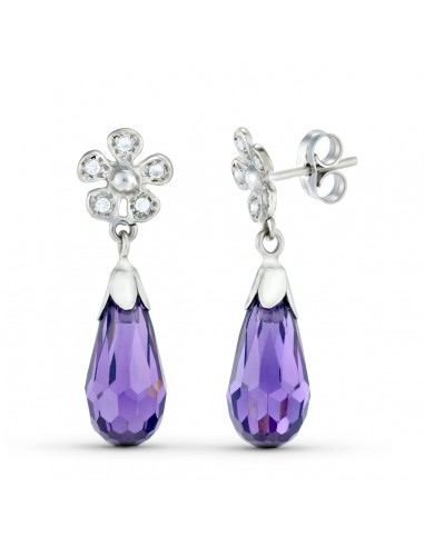 18K PENDIENTES ORO BLANCO DOS CUERPOS CON FLOR Y PIEDRA. CIERRE PRESION