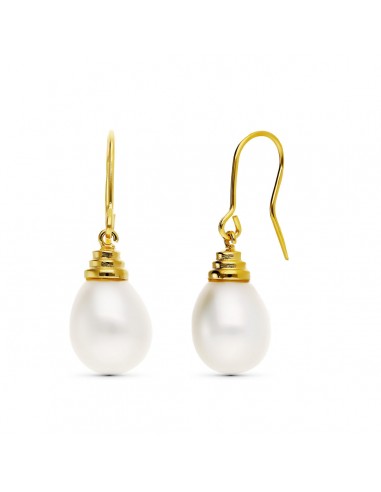 18K PENDIENTES ORO AMARILLO PERLA CULTIVADA 12X10 MM LARGO TOTAL 32 MM CIERRE GANCHO