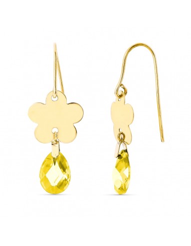 18K PENDIENTES ORO AMARILLO FLOR PIEDRA CITRINO 10X7 MM CIERRE GANCHO