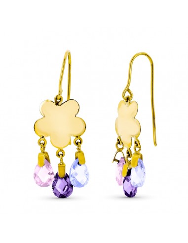 18K PENDIENTES ORO AMARILLO LARGO FLOR 3 PIEDRAS COLOR RS-AT-MA CIERRE GANCHO