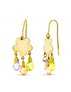 18K PENDIENTES ORO AMARILLO LARGO FLOR 3 PIEDRAS COLOR CT-MA-OL CIERRE GANCHO