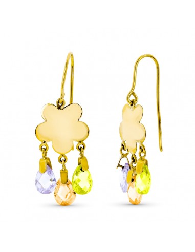 18K PENDIENTES ORO AMARILLO LARGO FLOR 3 PIEDRAS COLOR CT-MA-OL CIERRE GANCHO