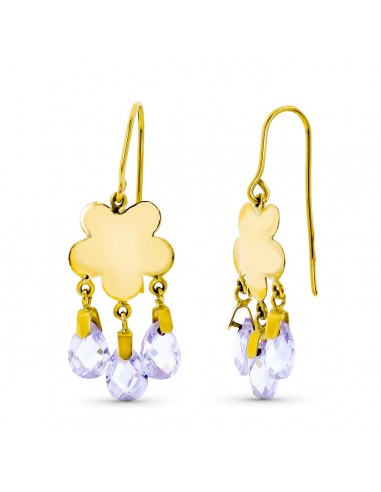 18K PENDIENTES ORO AMARILLO LARGO FLOR 3 PIEDRAS COLOR MALVA CIERRE GANCHO