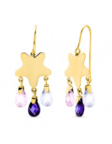 18K PENDIENTES ORO AMARILLO LARGOS PIEDRA COLOR ESTRELLA CIERRE GANCHO