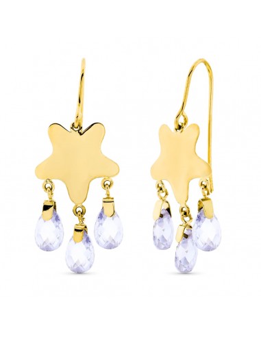 18K PENDIENTES ORO AMARILLO LARGO ESTRELLA PIEDRA COLOR MALVA CIERRE GANCHO