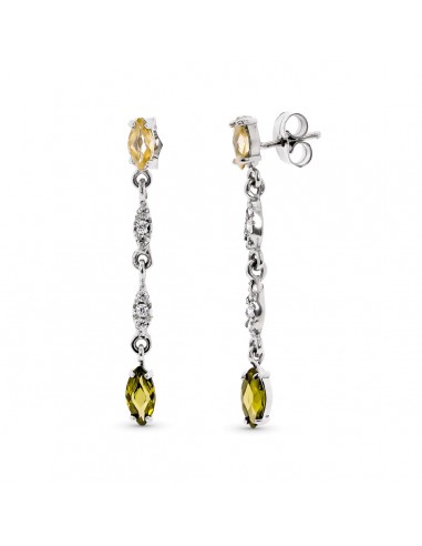 18K PENDIENTES LARGOS DE ORO BLANCO CON CIRCONITA Y PIEDRAS CIERRE PRESION