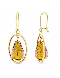 18K PENDIENTES ORO AMARILLO LARGO PIEDRA MURANO DORADA 12X8 MM CIERRE GANCHO
