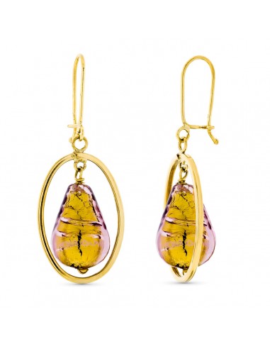 18K PENDIENTES ORO AMARILLO LARGO PIEDRA MURANO DORADA 12X8 MM CIERRE GANCHO
