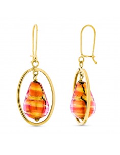18K PENDIENTES ORO AMARILLO LARGO MURANO DORADA Y ROSA 12X8 MM CIERRE GANCHO
