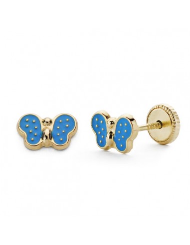 18K PENDIENTES ORO AMARILLO MARIPOSA ESMALTE AZUL. 7X5MM.