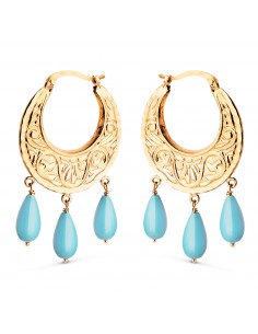 18K PENDIENTES AROS ORO AMARILLO TALLADOS PLANOS CON 3 COLGANTES DE TURQUESA. ANCHO: 25 X 2 MM. CIERRE CLIP