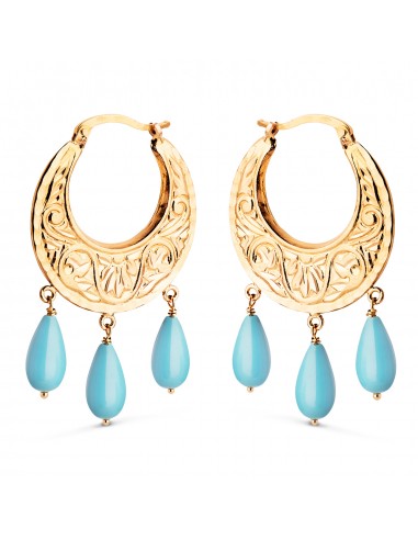 18K PENDIENTES AROS ORO AMARILLO TALLADOS PLANOS CON 3 COLGANTES DE TURQUESA. ANCHO: 25 X 2 MM. CIERRE CLIP