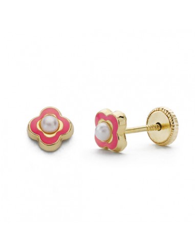 18K PENDIENTES PERLA-ESMALTE ROSA. 5MM.