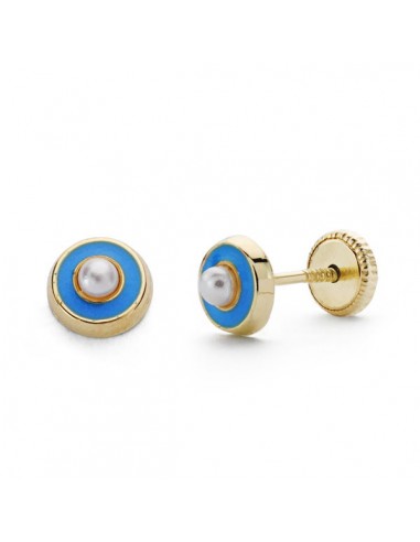 18K PENDIENTES ORO AMARILLO PERLA Y ESMALTE AZUL. 5MM.