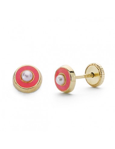 18K PENDIENTES ORO AMARILLO PERLA Y ESMALTE ROSA. 5MM.