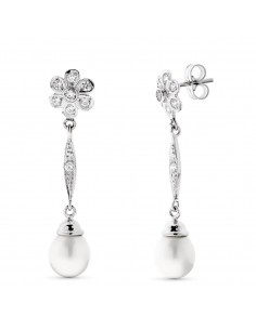 18K PENDIENTES PERLA Y FLOR ORO BLANCO CIERRE PRESION