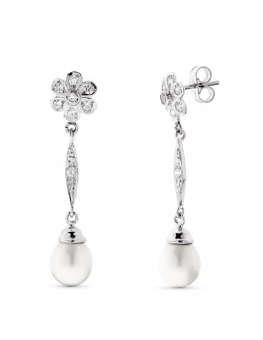 18K PENDIENTES PERLA Y FLOR ORO BLANCO CIERRE PRESION