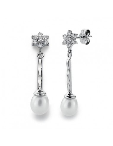 18K PENDIENTES ORO BLANCO .CUAJO Y PERLA 34X6 MM CIERRE PRESION