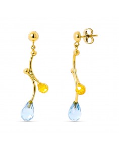 18K PENDIENTES ORO AMARILLO LARGOS PIEDRAS AGUAMARINA Y CITRINO CIERRE PRESION