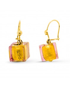18K PENDIENTES ORO AMARILLO MURANO CUBO. 26X10 MM CIERRE PRESION