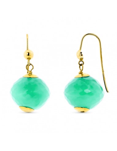 18K PENDIENTES ORO AMARILLO LARGOS PIEDRA COLOR VERDE 28X15 MM CIERRE GANCHO
