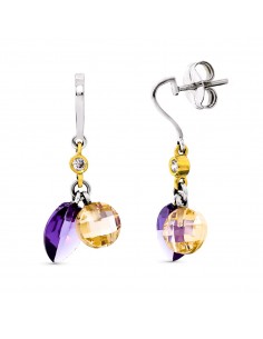 18K PENDIENTES ORO BICOLOR PIEDRAS AMATISTA Y KUNCITA CIERRE PRESION