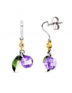 18K PENDIENTES ORO BICOLOR PIEDRAS OLIVINA Y AMATISTA CIERRE PRESION