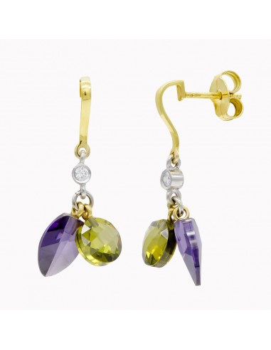 18K PENDIENTES ORO BICOLOR AMATISTA Y OLIVINA CIERRE PRESION
