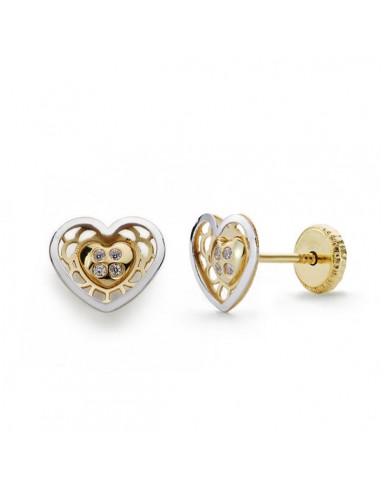 18K PENDIENTES ORO BICOLOR CORAZON CIRCONITAS. 6X7MM