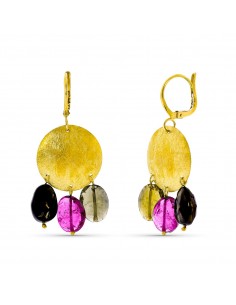 18K PENDIENTES ORO AMARILLO MOTIVO REDONDO Y PIEDRAS COLORES. 44X18 MM CIERRE GANCHO