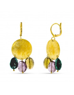 18K PENDIENTES ORO AMARILLO MOTIVO REDONDO Y PIEDRAS COLORES. 44X18 MM CIERRE GANCHO