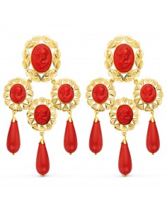 18K PENDIENTES ORO CUBANAS AMARILLO MANTILLA CAMAFEO Y CORAL  70X38 MM CATALAN