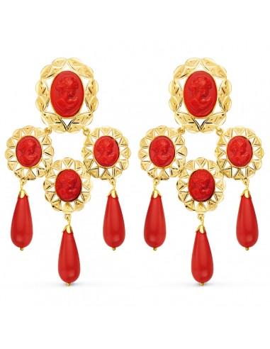 18K PENDIENTES ORO CUBANAS AMARILLO MANTILLA CAMAFEO Y CORAL  70X38 MM CATALAN